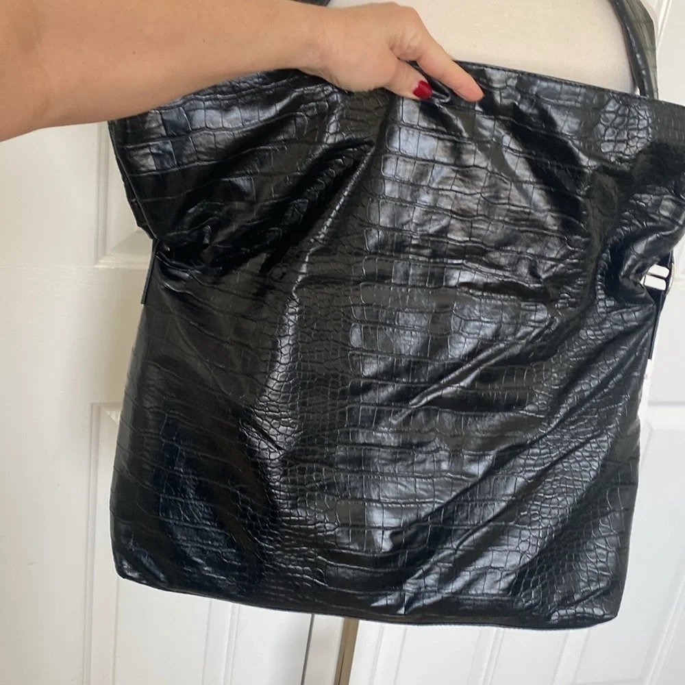 Zara Vegan Leather Black Croc Tote Bag New - Picture 7 of 11